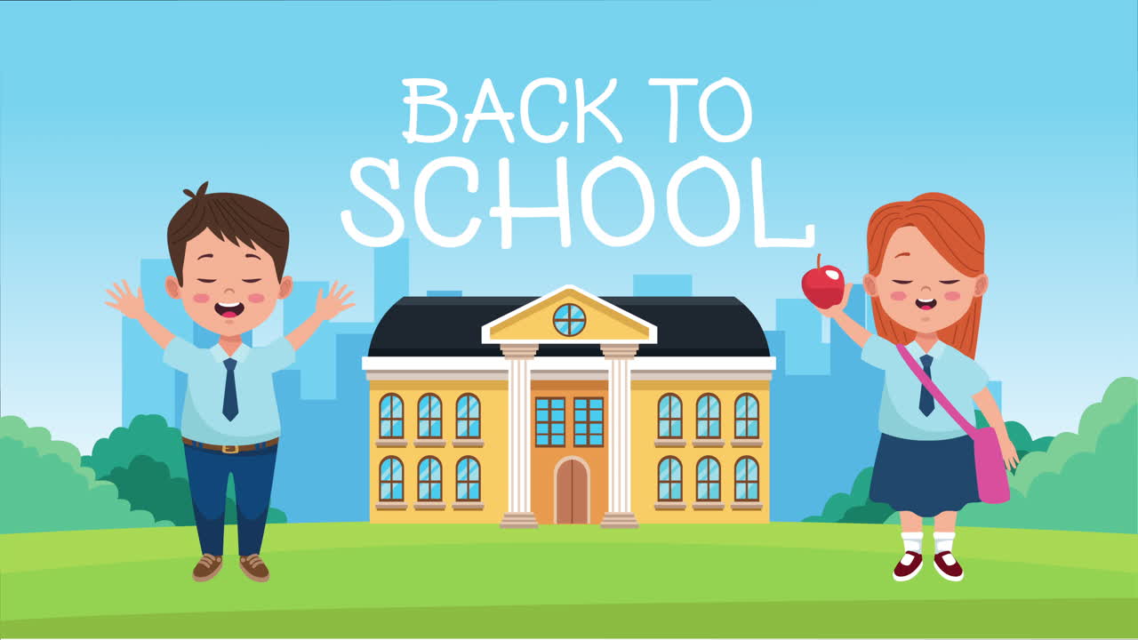 학교 건물과 작은 학생 부부와 함께 학교 시즌으로 돌아갑니다.