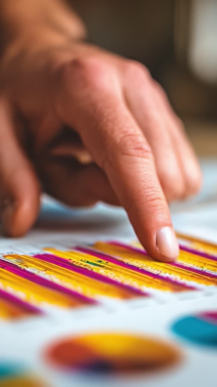 Analyzing Data Visualizations: A Close-Up of a Finger Pointing at Colorful Graphs and Charts to Highlight Trends and Insights from Important Information