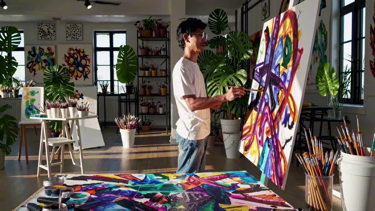 Artist painting in a sunlit studio, surrounded by colorful artwork