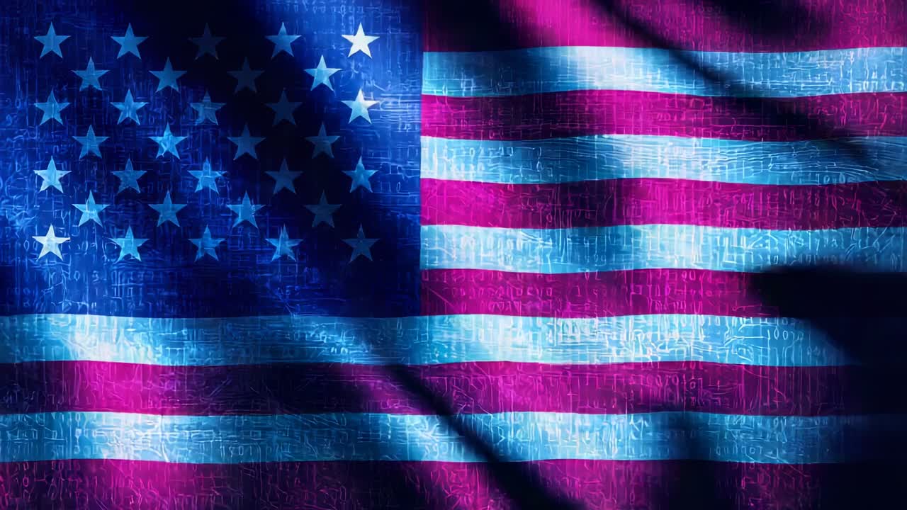 Initiating binary code overlay causing US flag fabric waving smoothing into calm curves in studio