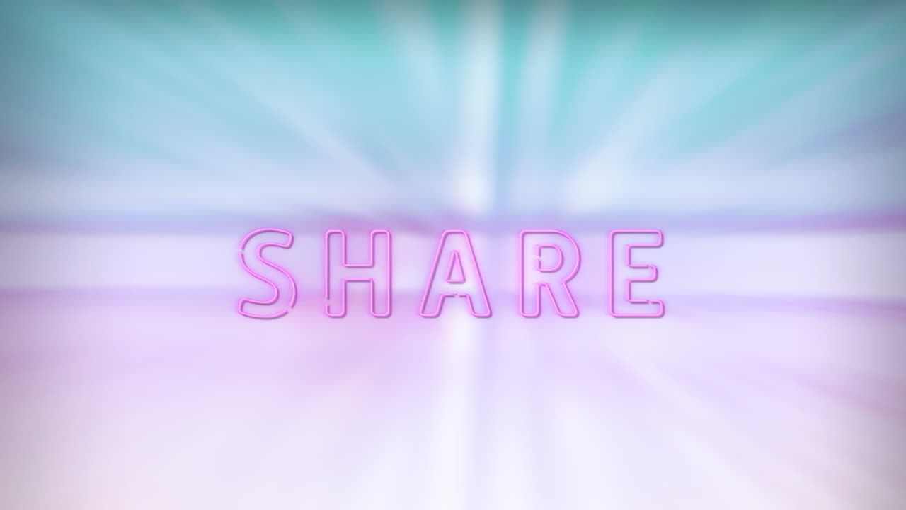 Animation of glowing pink color share text over abstract background