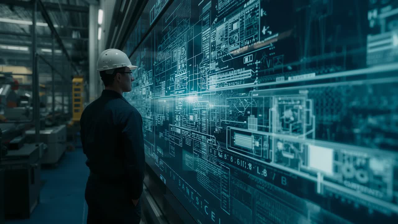 Light band sweeping, tech in hardhat safety glasses tracking schematic check on factory, copy space