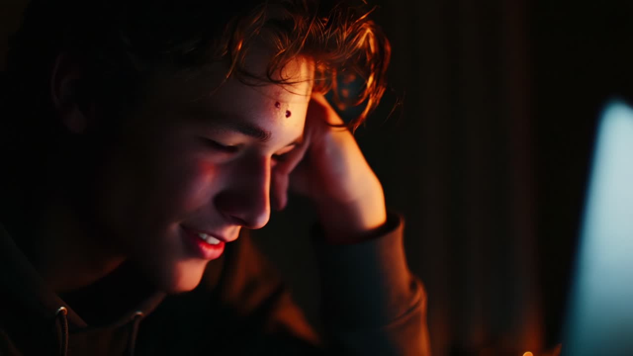 A young man immersed in joy while engaging with a digital screen, reflecting moments of happiness and curiosity illuminated by warm lighting in a cozy atmosphere
