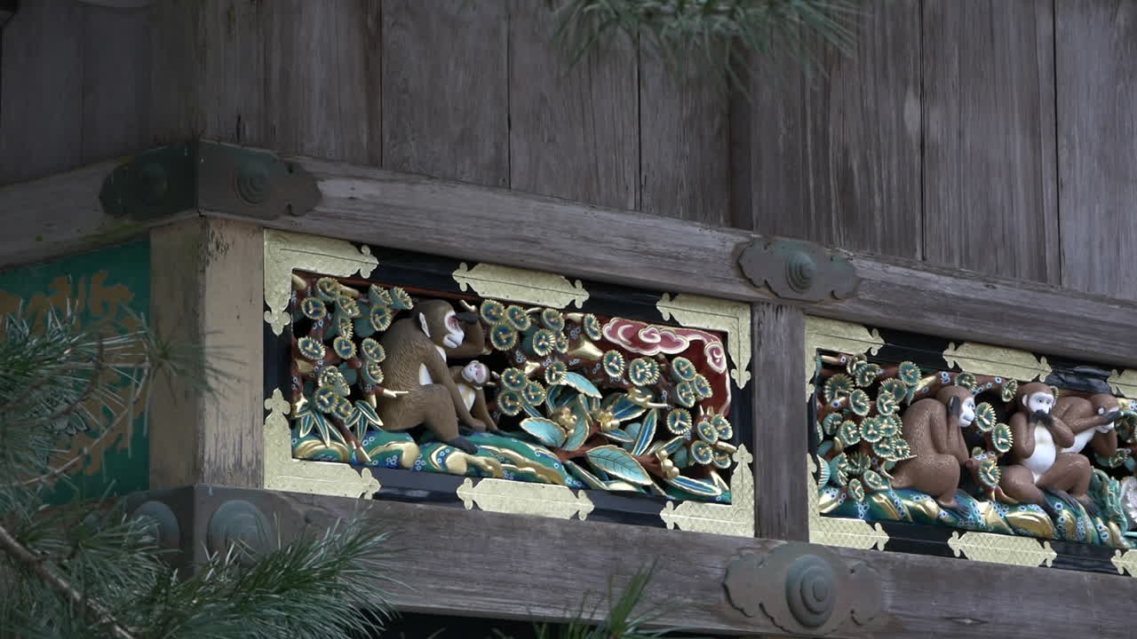 Beautiful wood carvings of Sanzaru, Three Wise Monkeys, Toshogu Shrine, Nikko, Tochigi, Japan.