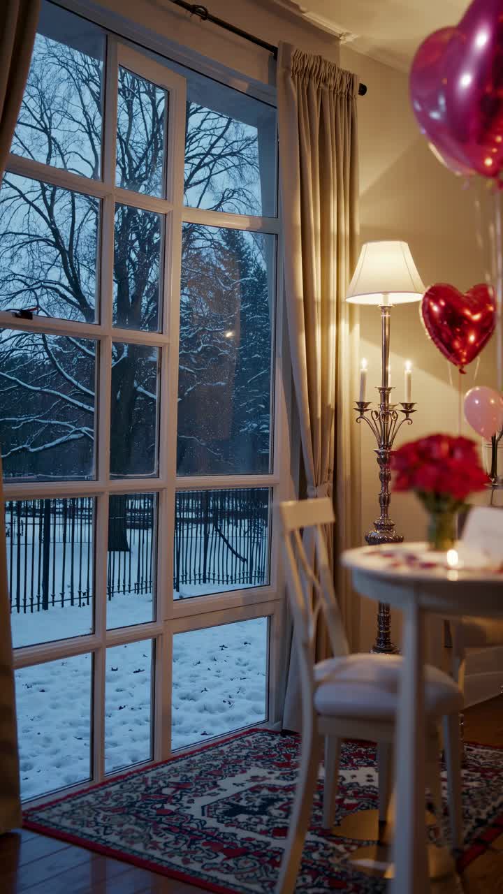 Cozy indoor scene with a romantic table setup by a large window, overlooking a snowy landscape