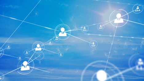 network of connected people icons animation over blue sky background