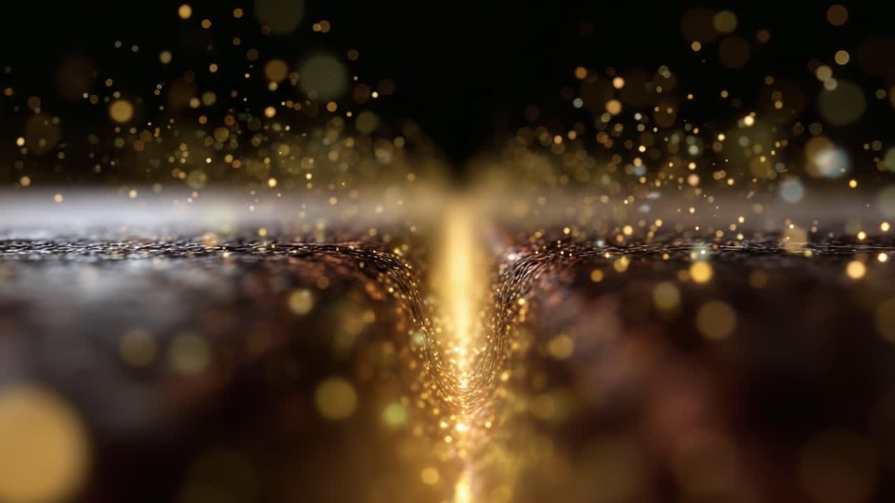 Una vista ipnotica di scintillanti particelle dorate che cadono a cascata lungo una superficie texturizzata, creando un accattivante effetto ottico di luce e profondità in un ambiente buio