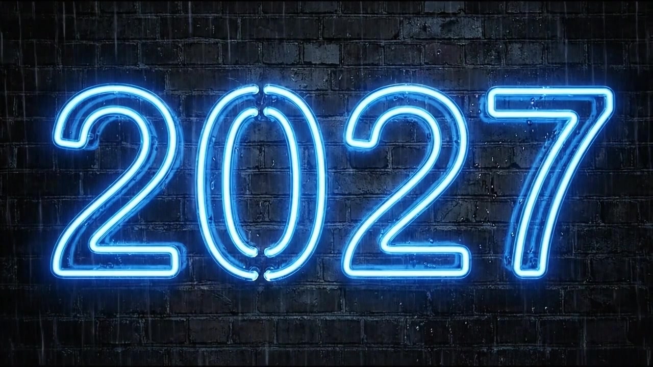 Animated 2027 new year numbers with cyan neon lettering and dark backdrop