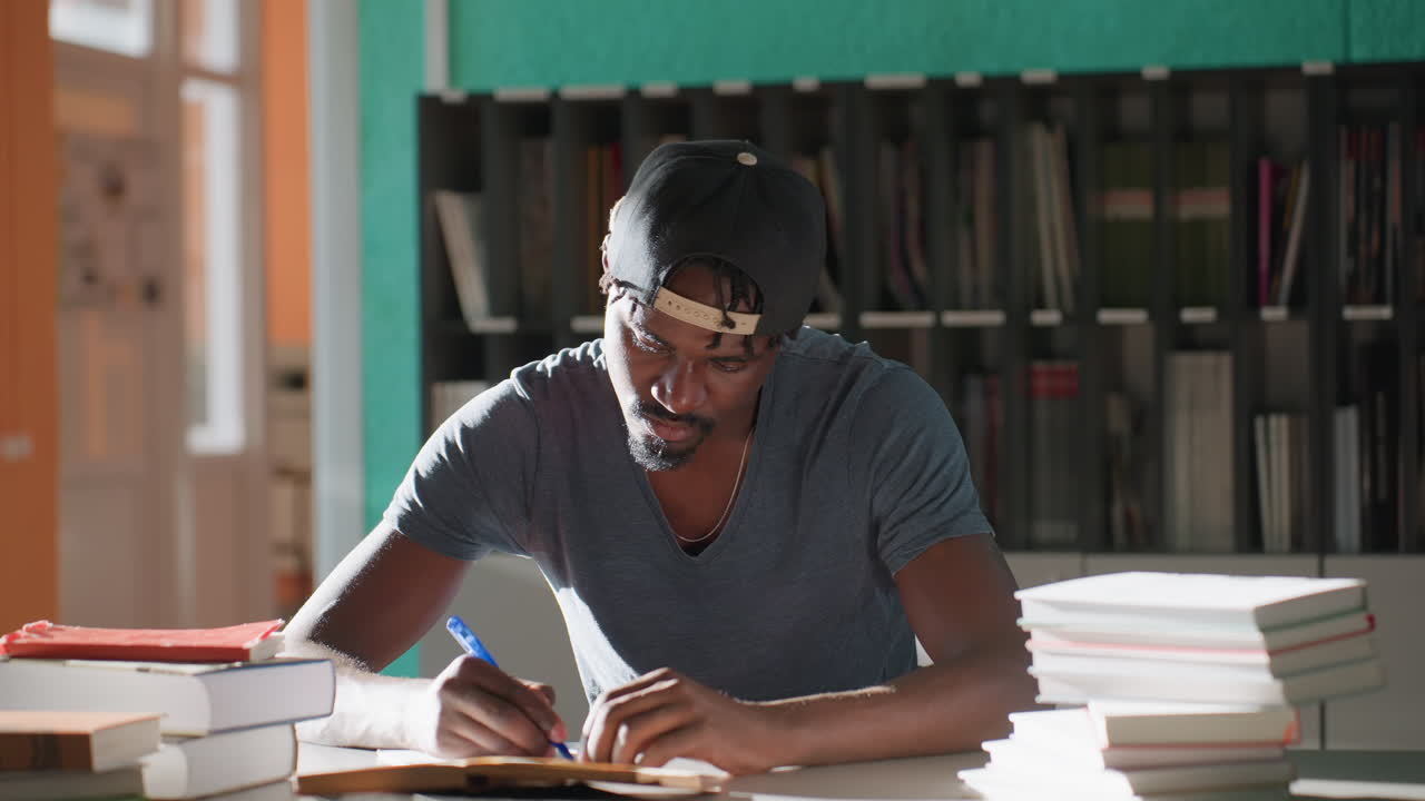 High school student wearing cap sits at library table surrounded by books, writing notes with pen and focused expression, teal and orange walls and shelves behind