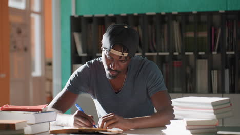 High school student wearing cap sits at library table surrounded by books, writing notes with pen and focused expression, teal and orange walls and shelves behind