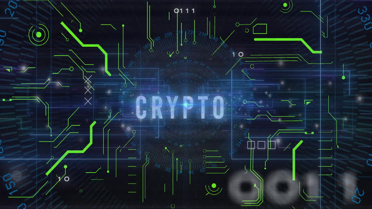 Displaying animation, digital interface showing CRYPTO with futuristic graphics and data