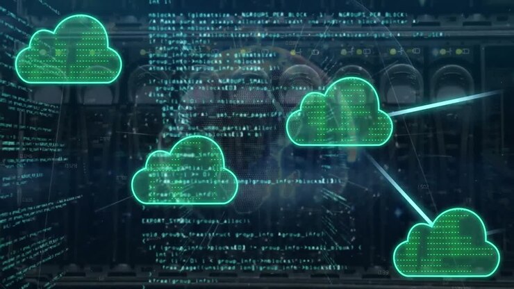 Animation of clouds, data processing over computer server