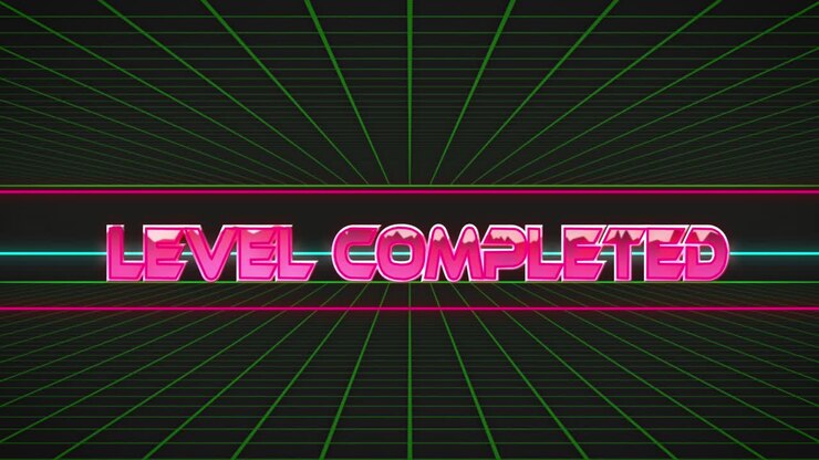 Animazione del testo "livello completato" su griglie colorate
