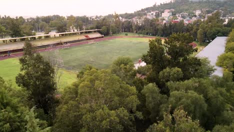 Drohnenbild-Von-Menschen,-Die-Morgens-Auf-Einer-Wettkampfstrecke-In-Einem-Stadion-Trainieren