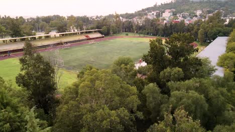 imagen de drone de personas haciendo ejercicio en una pista de competición en un estadio por la mañana