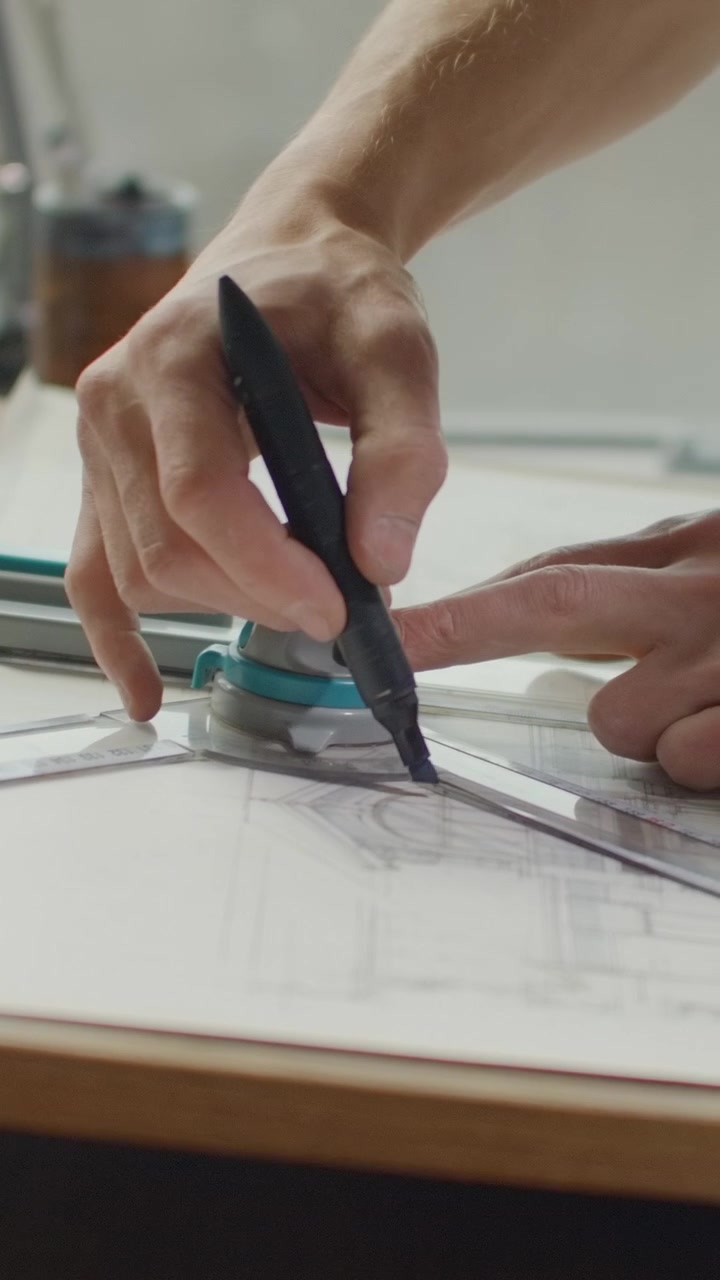 Architect Drawing Technical Blueprints with Drafting Tools