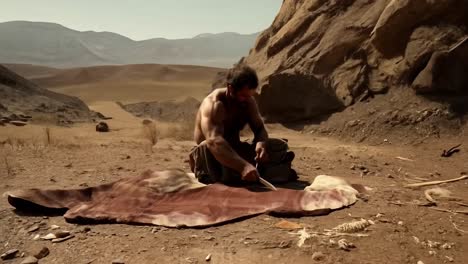 man skinning animal in the desert