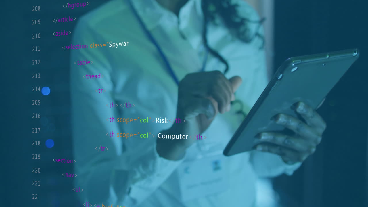 Using tablet with HTML code overlay, person learning animation in school