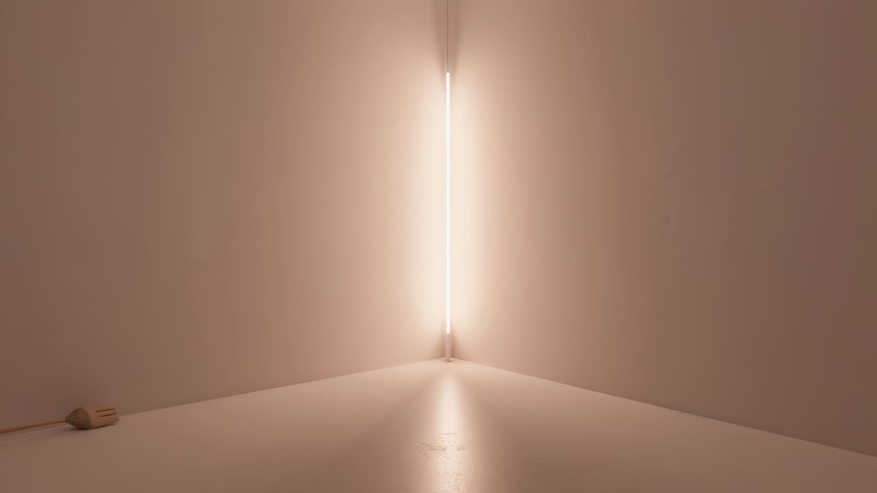Zoom avanti della camera per enfatizzare il tubo verticale di luce che risplende in un angolo minimal, mano e cavo