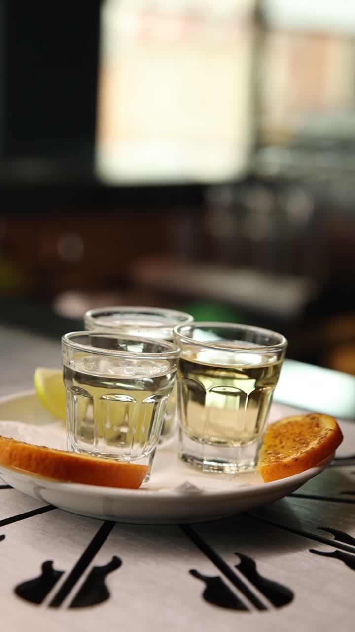 Tre shottini di Tequila con fette di lime e arancia