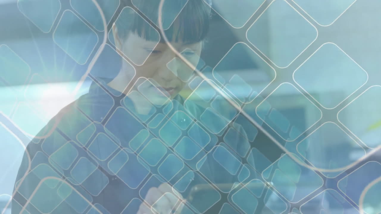 Using tablet, man in school with animation of digital network connections