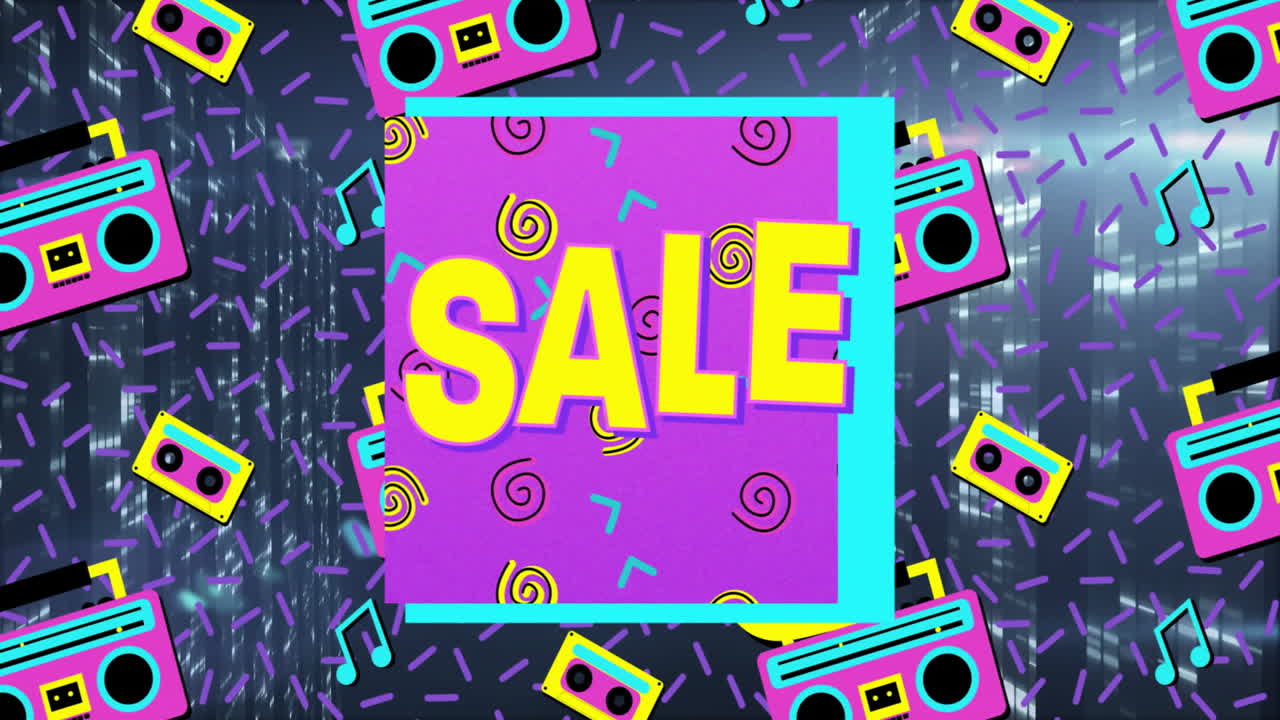 Animation of bright SALE text with colorful retro patterns and boomboxes