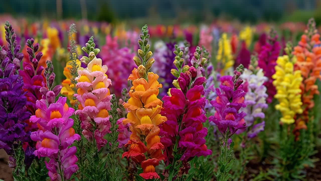 A Vibrant Display of Colorful Snapdragons in Full Bloom, Showcasing Nature's Artistic Mastery and the Beauty of Flower Fields Under a Clear Sky