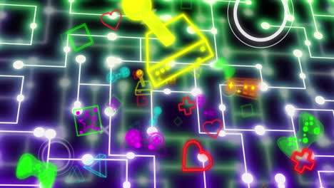 animación de iconos brillantes de videojuegos, procesamiento de datos a través de una placa de circuitos informáticos.