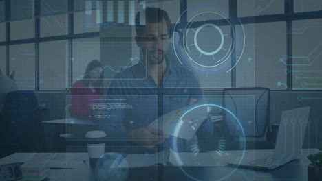 in office, business professionals processing digital data with animation overlay