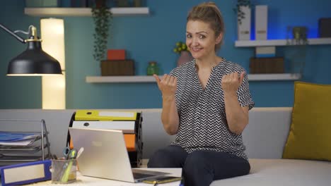 home office worker woman says come to camera, calling you.