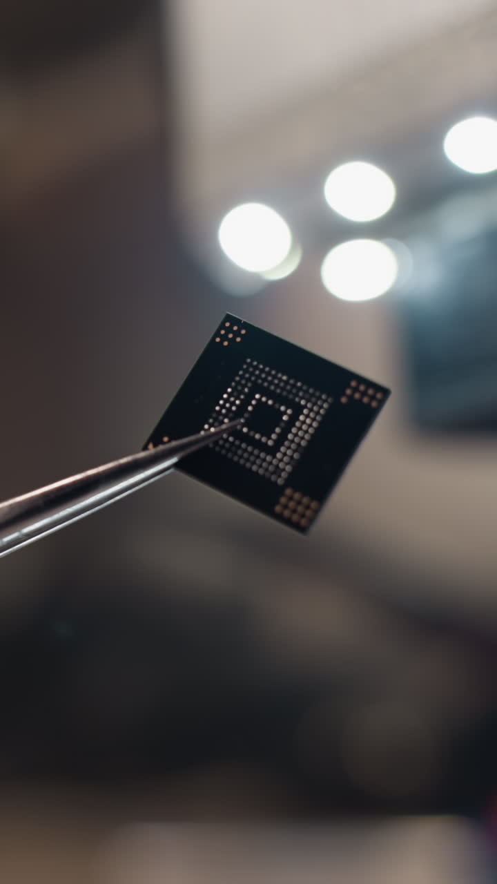 una vista de cerca de pinzas que sostienen un microchip contra un fondo borroso
