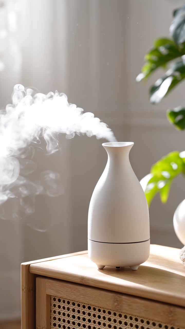 Diffuseur d'huiles essentielles blanc émettant de la brume sur une table en bois