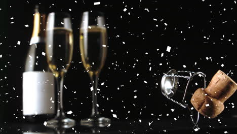 animation of confetti and cork falling over champagne bottle and glasses on black background