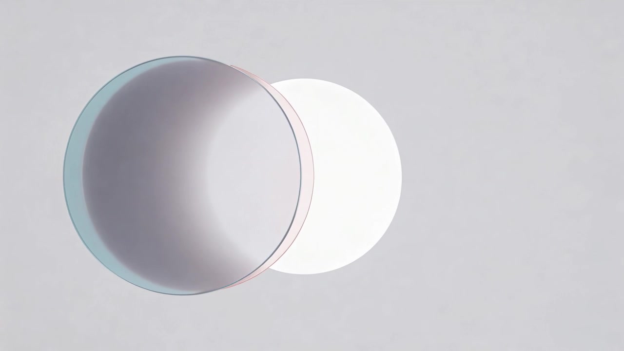 Starting playback 3 translucent discs sliding toward center in studio forming cyan pink white orb