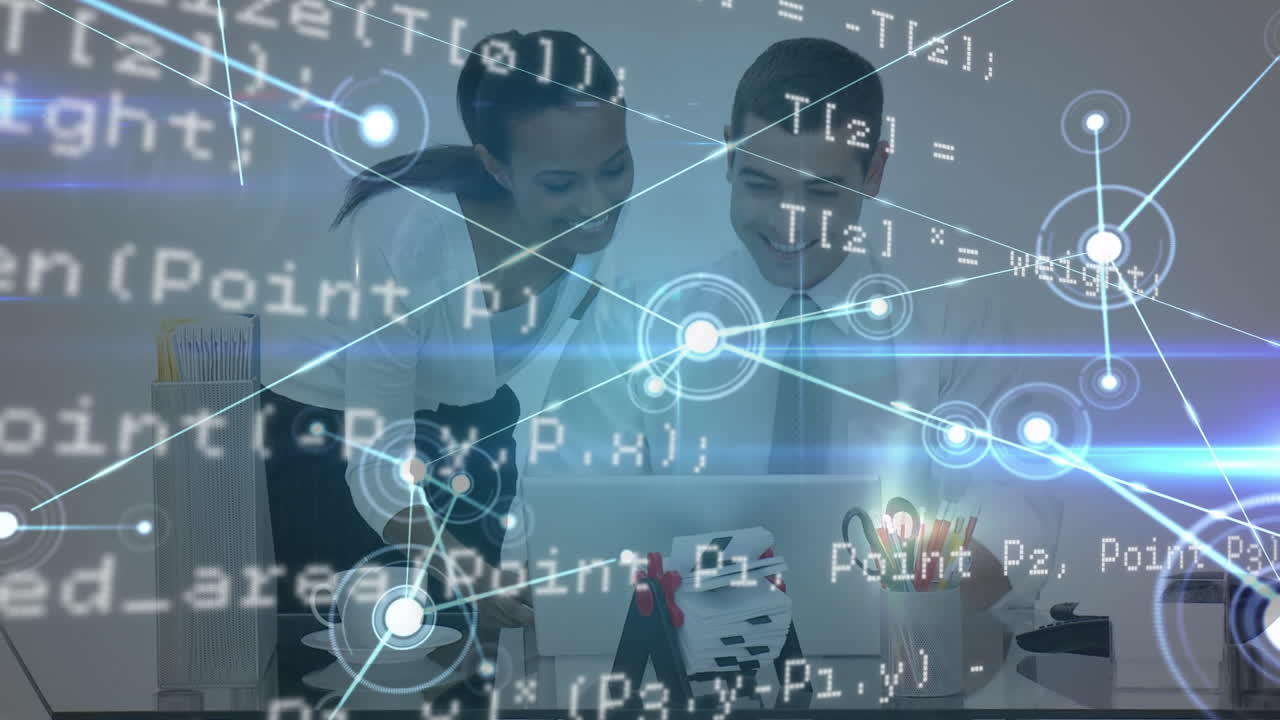 사무실에서 두 명의 사업가에 대한 금융 데이터 처리의 애니메이션