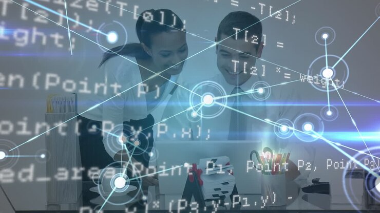 Animation of financial data processing over two business people in office