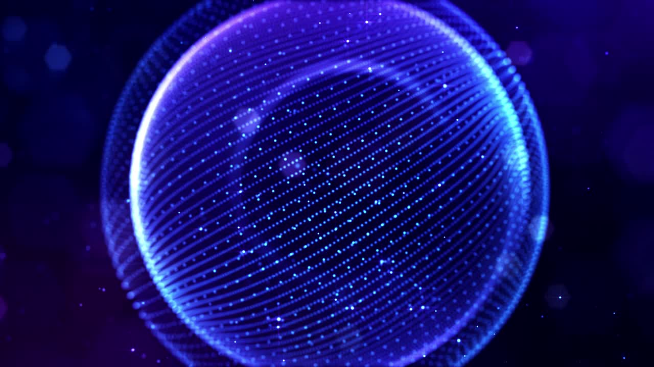 4k looped sci-fi particle background of microworld or space with bokeh and light effects. Glow blue particles form lines, surfaces, complex round structures in smooth motion.