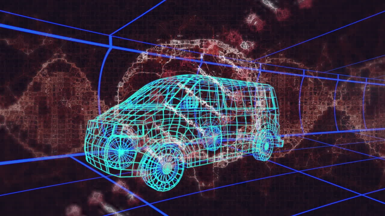 animación del cerebro humano y cadena de adn girando sobre el modelo de dibujo 3d de la furgoneta y la cuadrícula