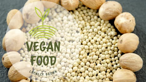 vegan food animation over locally grown grains and nuts background