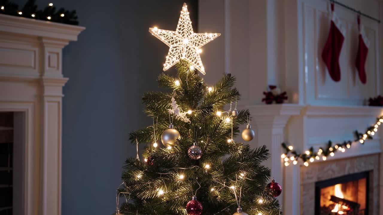 Festive Christmas tree with glowing star topper, shot from a low angle