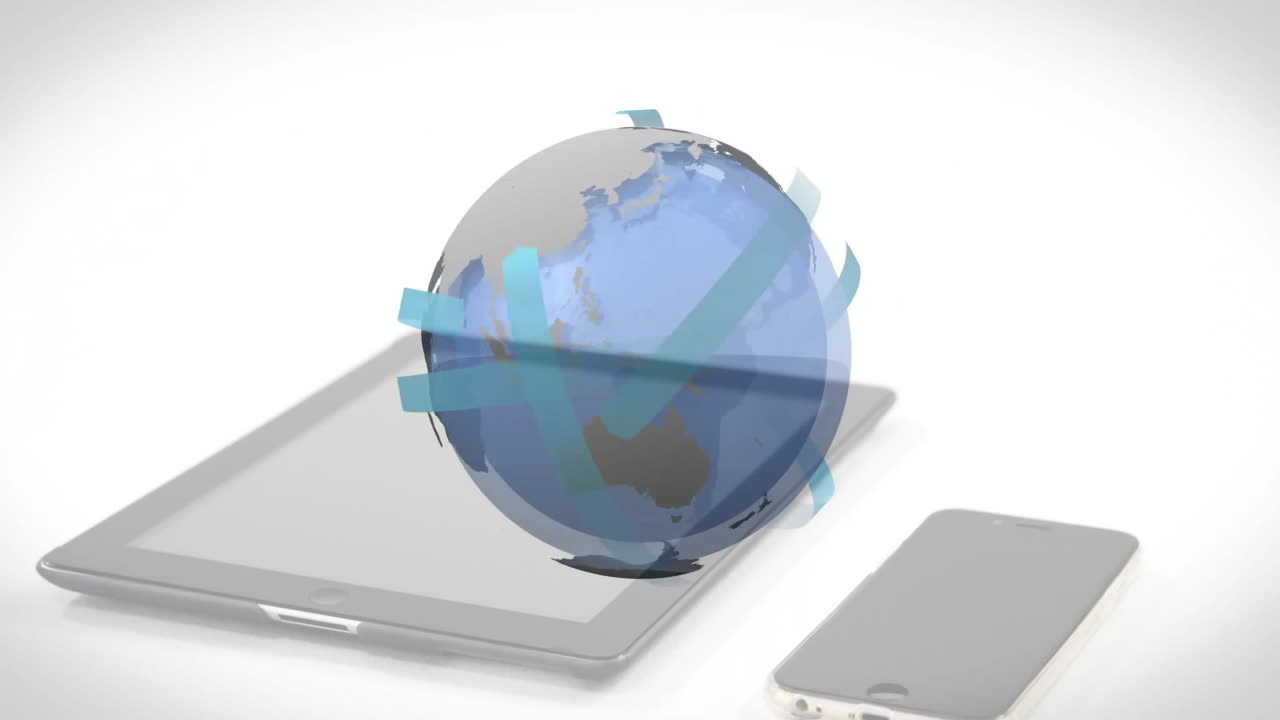 Semi?transparent 3D globe floating above sleek tablet, with smartphone lying flat on white surface