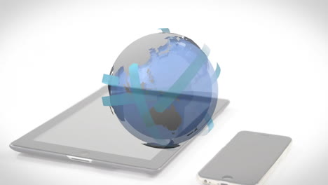 semi?transparent 3d globe floating above sleek tablet, with smartphone lying flat on white surface