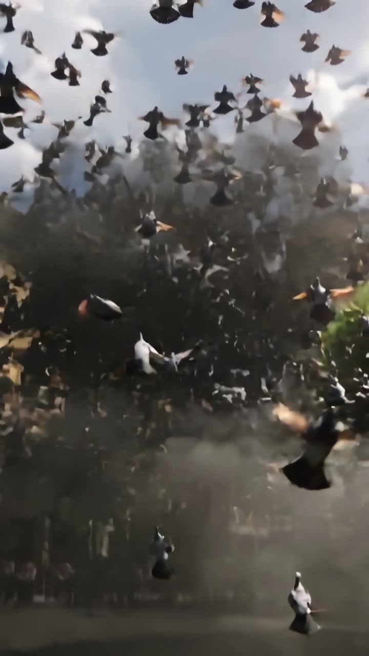 Vertical video: Disturbance sending flock of pigeons soaring over plaza and basin, tourists filming