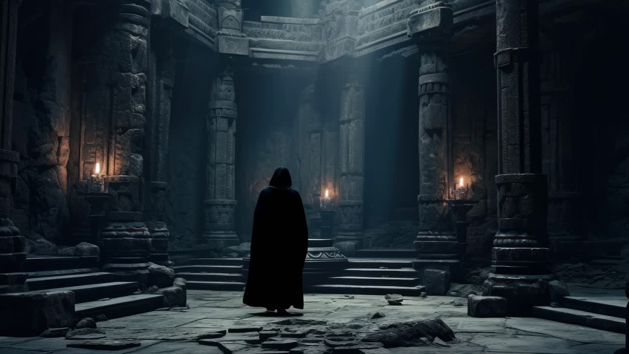 Vídeo cinematográfico do interior de um antigo templo de pedra, tomada em ângulo baixo destacando colunas imponentes.