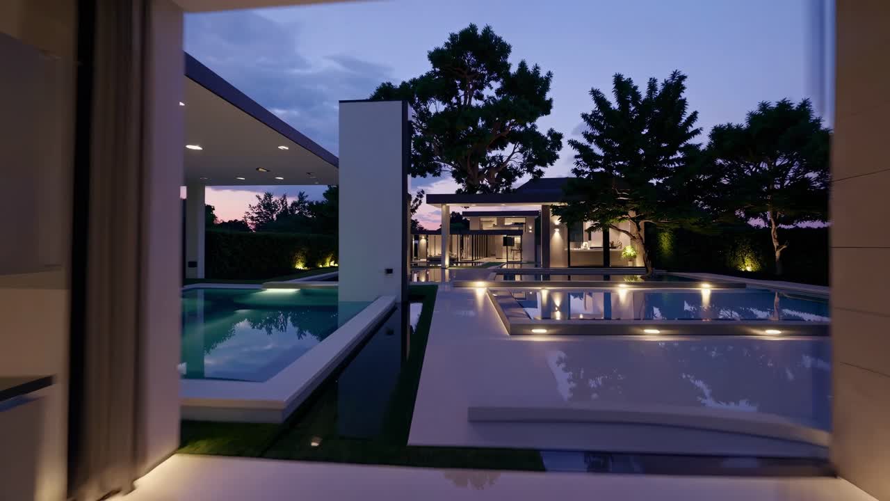 Modern architectural scene transitions from dusk to night, showcasing illuminated pools and sleek design elements in a tranquil outdoor setting