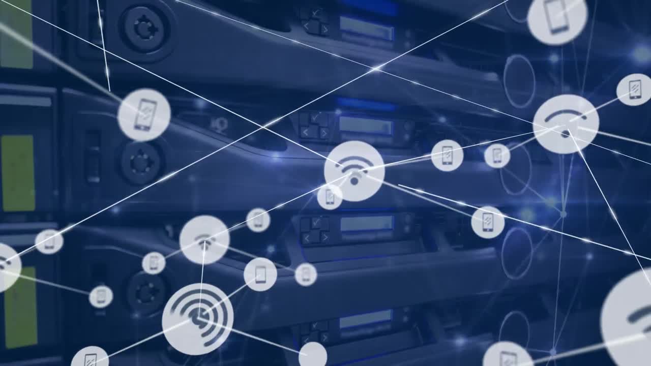 Animation of wireless network icons connecting with lines against computer server