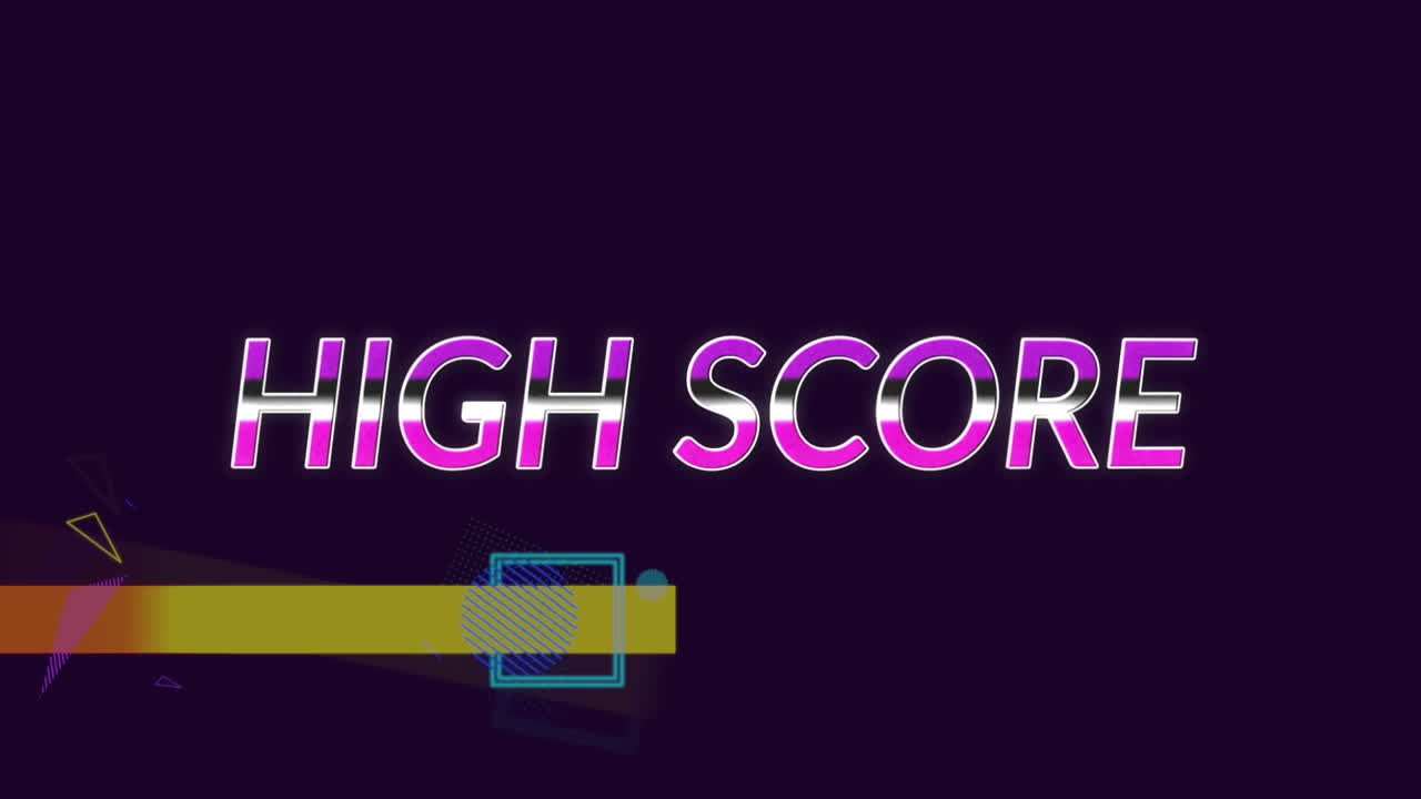 Animation of high score over moving colorful geometrical shapes on dark background