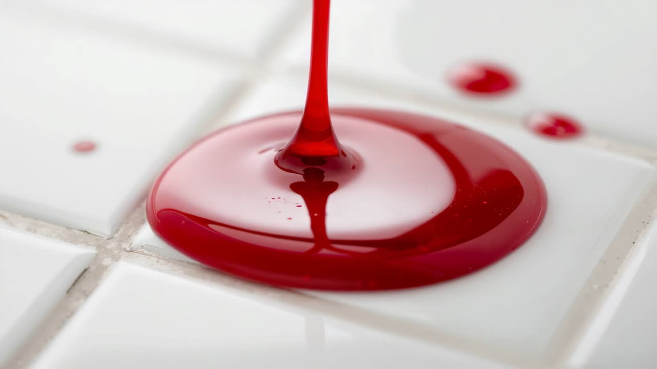 Dripping red viscous liquid forming expanding pool on glossy ceramic tiles showing surface tension
