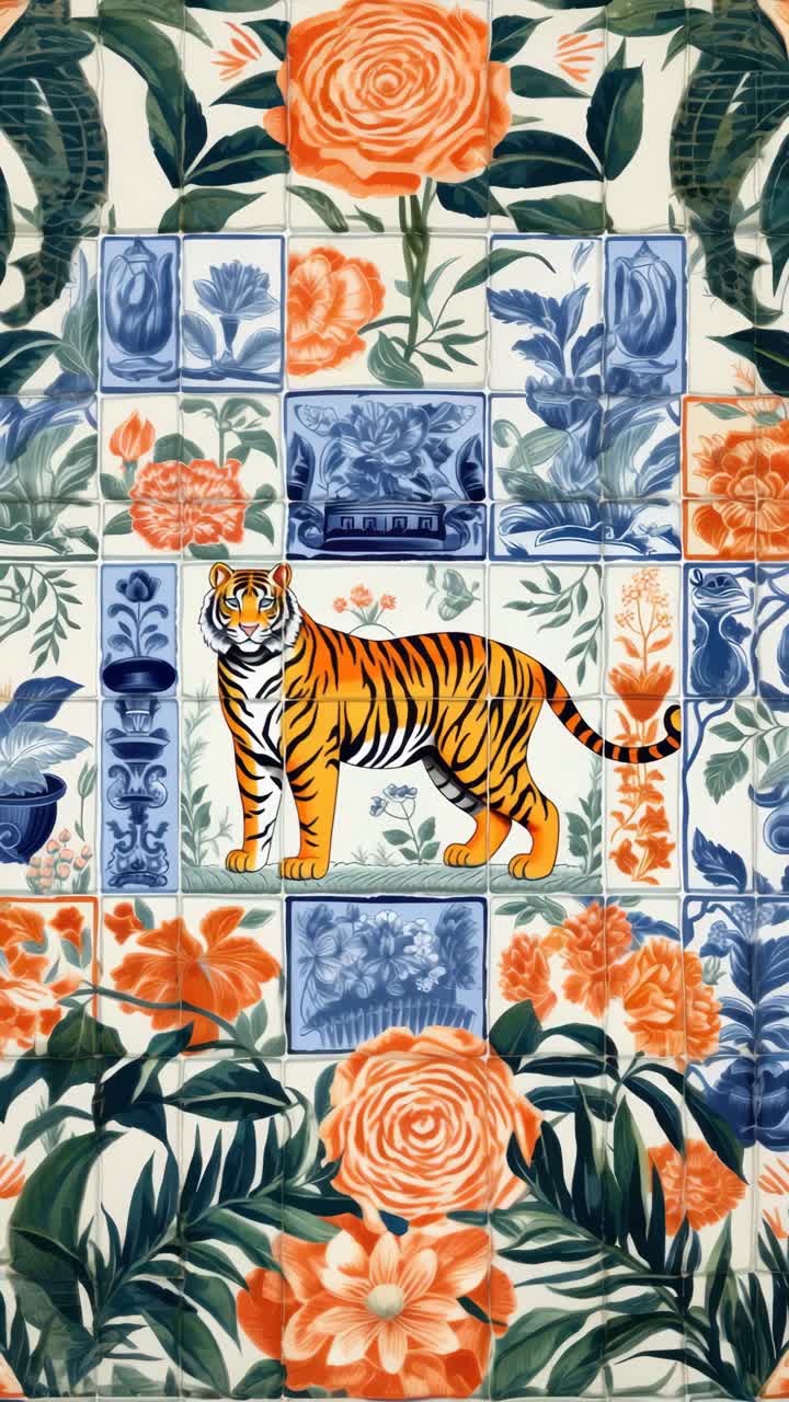 Top-down view of a vibrant floral and tiger tile pattern, reminiscent of a video backdrop