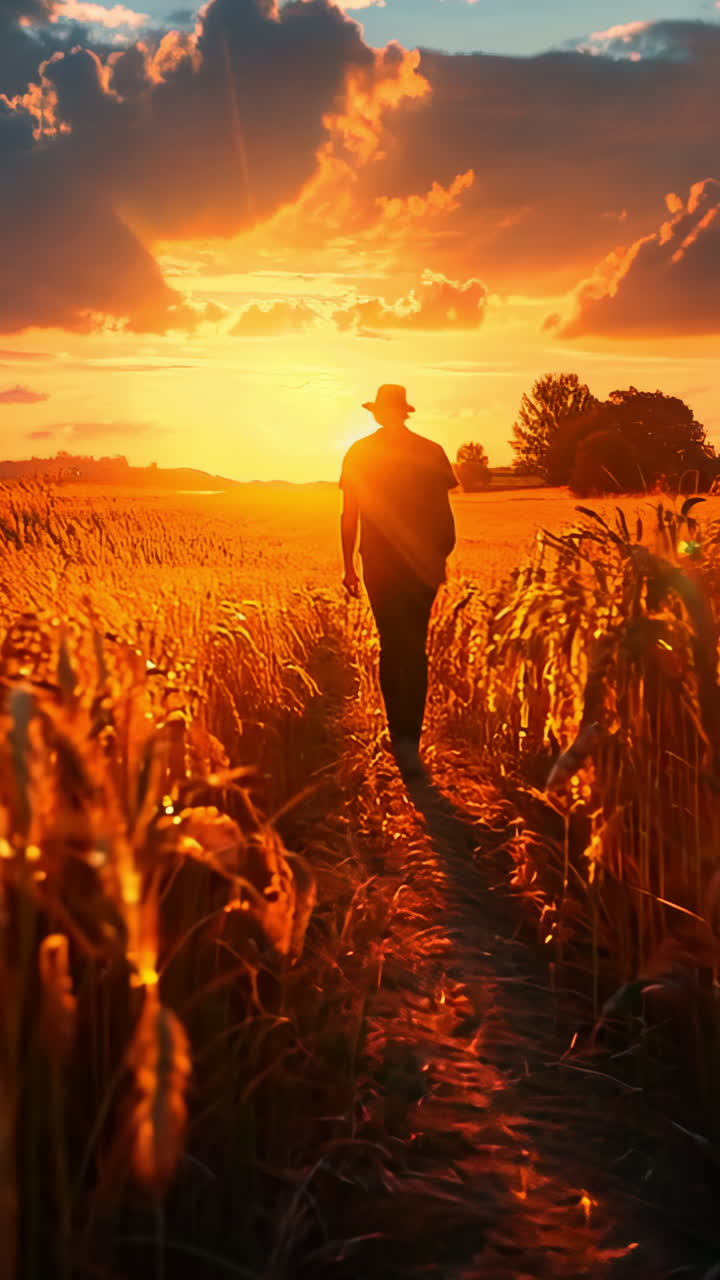 A man walks through a field of tall golden wheat. The sun is setting, casting a warm glow over the scene. The man is enjoying the peacefulness of the field